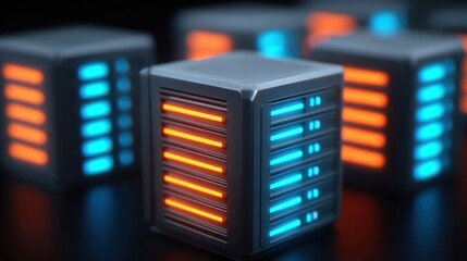 Poster - A row of cubes with blue and orange lights on them