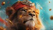 © burntime555 - Fearless lion dressed as a pirate, adorned with a skull and red bandana, evoking adventure and courage