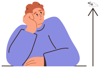 Poster - Pensive individual resting chin on hand, arrow pointing to cloud evokes reflection, ambition, progress, and vision. Ideal for self-development, career growth, mindfulness, strategy decision-making