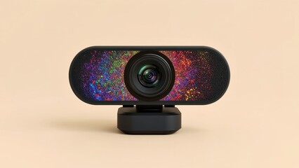AI webcam. Black webcam with colorful light reflections on beige backg