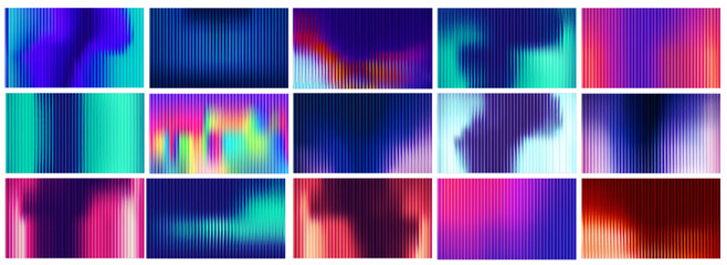 Poster - Fractal glass gradient backgrounds set with neon ribbed light pattern. Vibrant abstract design in purple and green color spectrum. Y2K geometric prism effect with chromatic distortion or fluid lines.