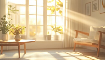 Poster - Blurred Image Of Sunlit Living Room With Large Windows In A Cozy Interior, Creating A Beautifully Illuminated And Serene Setting.