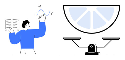 Poster - Person studying graph projection and equations, balanced scale representing equilibrium or fairness. Ideal for education, mathematics, analysis, learning, decision-making, fairness, abstract ideas