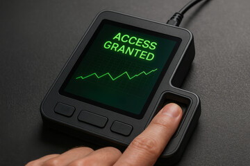 Poster - Access granted approval and secure transaction rely on fingerprint device scan for trusted security