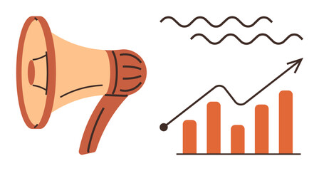 Poster - Megaphone next to upward bar graph and line trends representing marketing, growth, success, strategy, communication. Ideal for business, advertising, promotion, statistics content creation simple