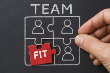 Poster - Team fit and success combine through cooperation and collaboration in business structure and workforce