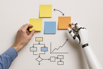 Poster - Arrow and symbols guide workflow collaboration with innovation graph chart and planning concepts