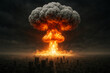 © techgiants - Bright nuclear mushroom cloud erupts over sprawling cityscape with intense orange glow and devastating blast wave at dusk on hiroshima day