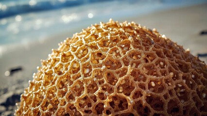 African net sponge. Close-up brown sea sponge texture on sandy beach u