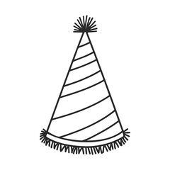 Poster - Minimalist black and white party hat with fringe and stripes design – stock vector icon in line style