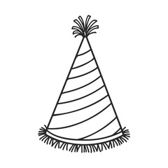Poster - Black and white striped party hat illustration with festive fringes – stock vector icon in line style
