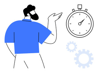Poster - Man with blue shirt gesturing to stopwatch, accompanied by gears. Ideal for teamwork, productivity, planning, workflow, goal setting, time tracking decision-making. Clean simple flat metaphor