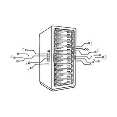 Poster - Hand-drawn server rack with circuit connections in monochrome design – stock vector icon in line style