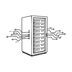 Poster - Hand-drawn data server with circuit connections in black and white – stock vector icon in line style
