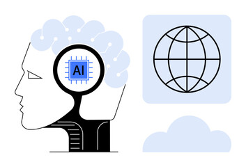 Poster - AI chip within human head aligned with globe emphasizes AI, connection, and technology. Ideal for innovation, automation, globalization, networking, computing data and machine learning. Simple flat