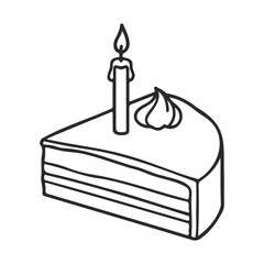 Poster - Line art drawing of a birthday cake slice with candle and whipped cream topping – stock vector icon in line style