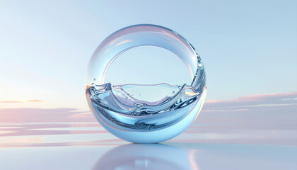 Poster - A transparent orb filled with water reflects soft pastel colors, creating a serene and calming visual effect against a tranquil background