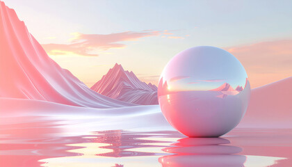 Poster - A serene landscape featuring smooth, pink-hued mountains and a reflective sphere, creating a dreamy and surreal atmosphere at sunset