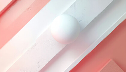 Poster - Abstract composition featuring a white sphere on angled pastel surfaces in shades of pink and white, creating a minimalist aesthetic