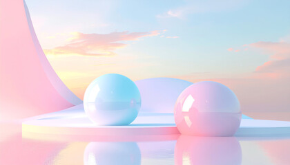 Poster - A serene, pastel-colored scene featuring two glossy spheres on a smooth platform, reflecting a tranquil sky at sunset