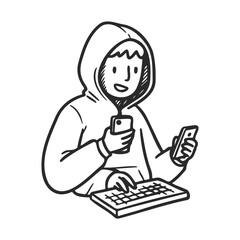 Poster - Cartoon male hacker with hood using smartphone and keyboard – stock vector icon in line style