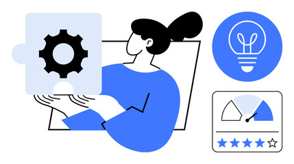 Poster - Woman holds puzzle with gear suggesting problem-solving. Nearby are light bulb for ideas, performance gauge, and star ratings. Ideal for teamwork, creativity, innovation, performance, brainstorming