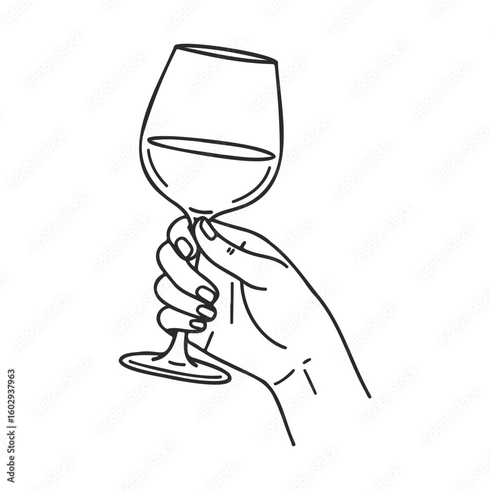 Hand holding a wine glass in simple line art drawing with elegant ...