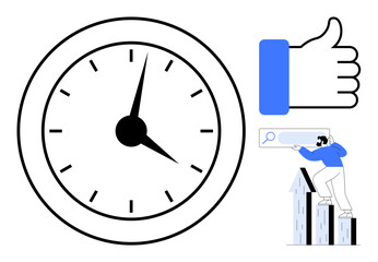 Poster - Clock representing time, thumbs-up signifying approval, person atop charts using a search bar. Ideal for productivity, efficiency, growth, performance, planning, motivation simple flat metaphor