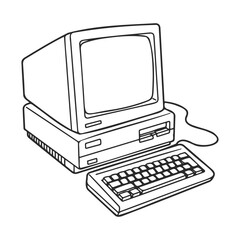 Poster - Vintage desktop computer outline drawing with keyboard and mouse – stock vector icon in line style