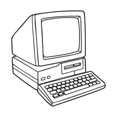 Poster - Vintage monochrome drawing of classic retro computer with keyboard – stock vector icon in line style