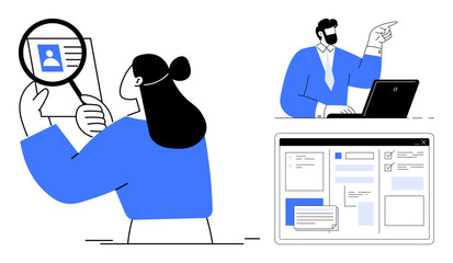 Poster - Person analyzing candidate profile using magnifying glass, manager directing tasks at laptop, web dashboard interface. Ideal for hiring, teamwork, HR, analytics, collaboration, organization simple