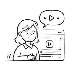 Poster - Young female cartoon character watching online video content – stock vector icon in line style