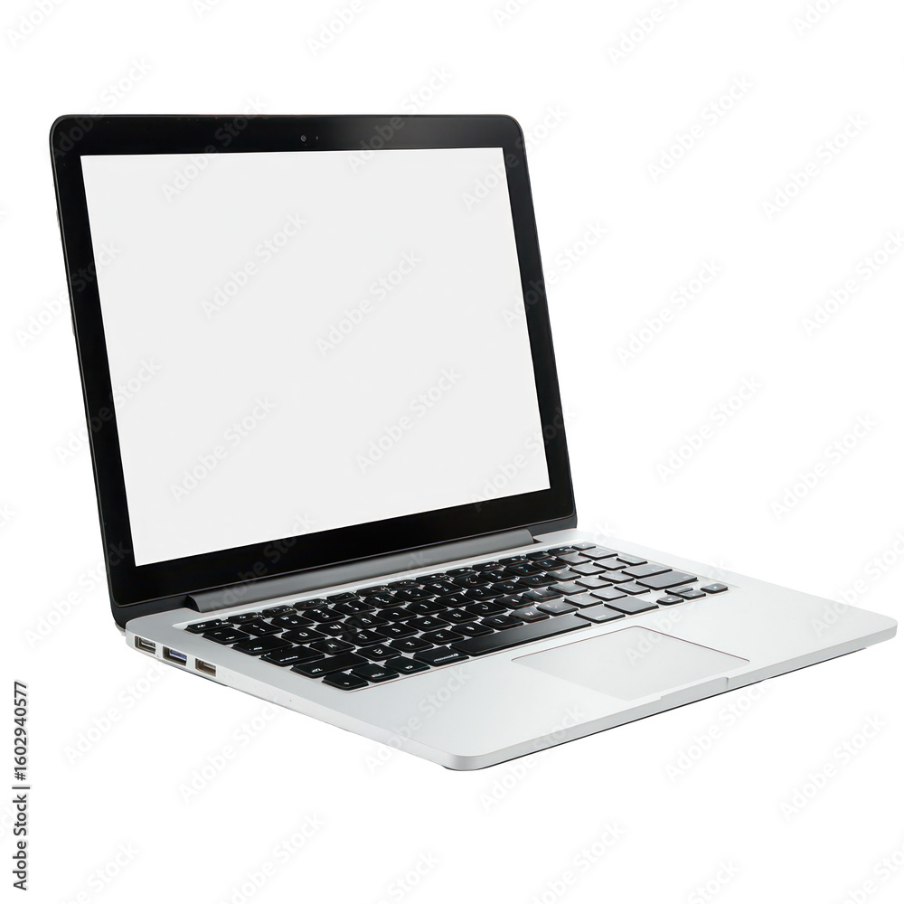 A silver laptop with open screen, transparency background