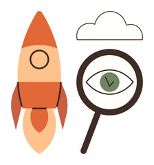 Poster - Rocket soaring upward, magnifying glass with eye and checkmark, cloud above. Ideal for innovation, progress, research, vision, creativity exploration startup. Simple flat metaphor
