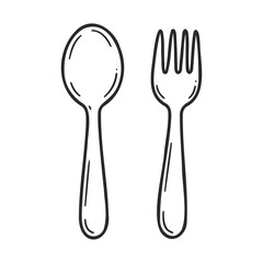 Poster - Black and white illustration of spoon and fork on white background – stock vector icon in line style