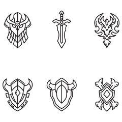 Aufkleber - Collection of detailed line art illustrations featuring fantasy weaponry and shield designs