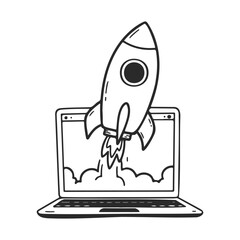 Fototapete - Rocket launching from laptop screen illustration in black and white – stock vector icon in line style