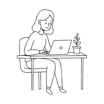 Cartoon of female working on laptop at desk with plant – stock vector icon in line style