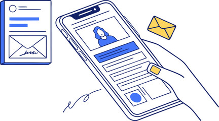 Poster - Hand holding smartphone with profile and email icon with document on white background concept art