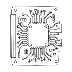 Poster - Schematic circuit board design with microchip and connected paths – stock vector icon in line style