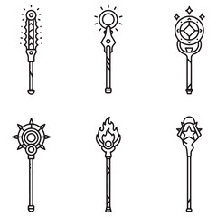 Poster - Collection of magical staffs and wands outline illustrations in minimalist flat design style