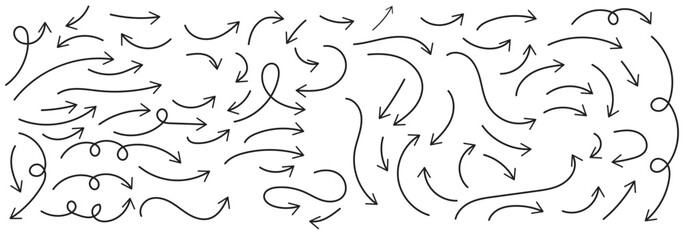 Poster - Hand drawn thin line arrows set. Many vector curvy arrow set