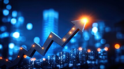 Poster - a glowing upward arrow graph overlays a blurred cityscape at night, symbolizing growth and progress 