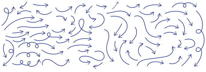 Poster - Hand drawn thin line arrows set. Many vector curvy arrow set