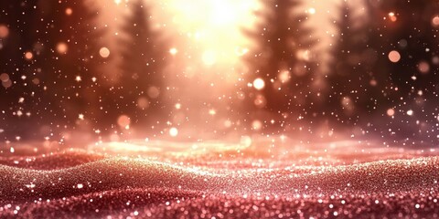 Poster - A glowing golden light shines through a snowy forest, highlighting sparkling snowflakes and creating a magical winter atmosphere.