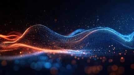 Poster - Abstract digital waveforms with glowing particles in blue and orange hues creating a futuristic, dynamic, and flowing light effect on a dark background.