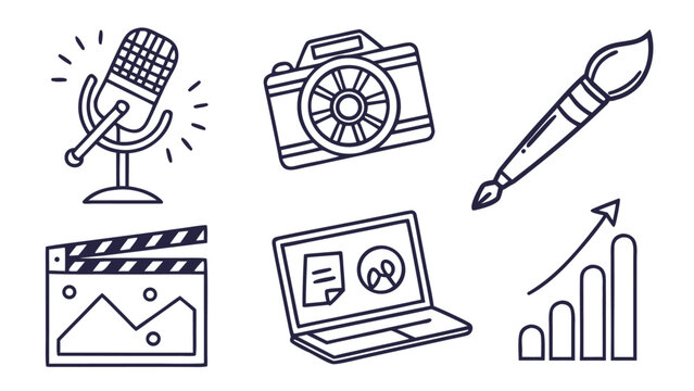 Illustration of microphone camera paintbrush clapperboard laptop and graph in outline style design one hundred