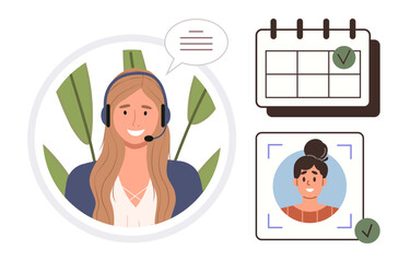 Poster - Female support agent wears a headset with speech bubble for communication, calendar with check mark suggests scheduling, profile photo with check implies validation. Ideal for customer service