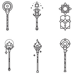Aufkleber - Collection of stylized magic staves and wands in minimalist black and white design