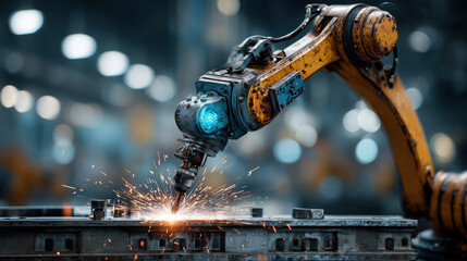 Poster - Robotic arm welds metal in factory, emitting bright sparks. industrial setting highlights advanced technology and precision engineering